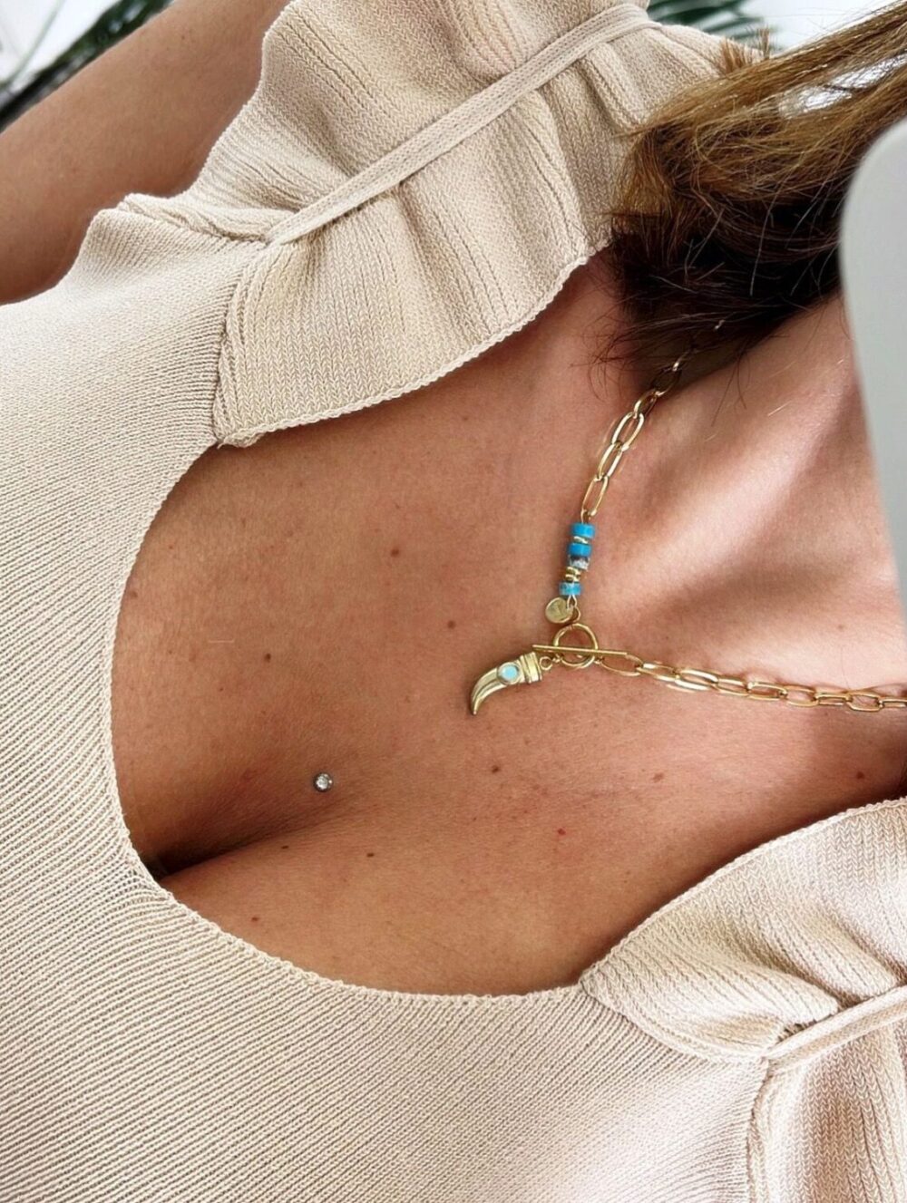 Collar acero cuerno turquesa