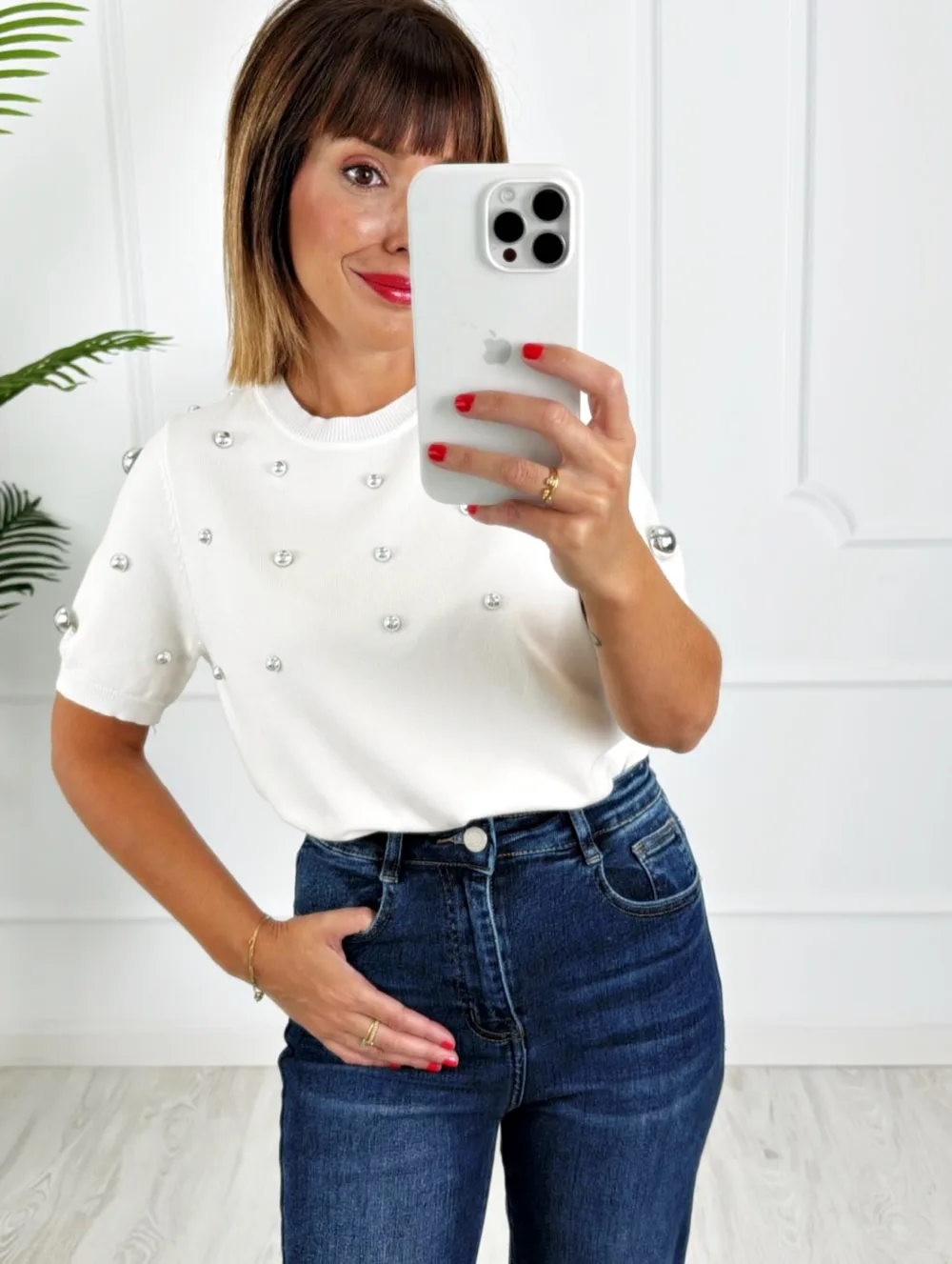 Camiseta punto bolas blanca