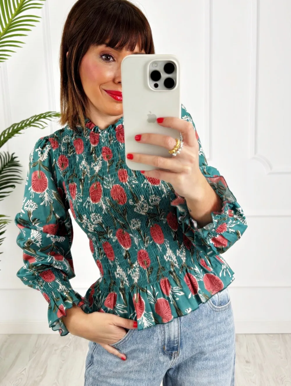 Blusa nido flores verde agua