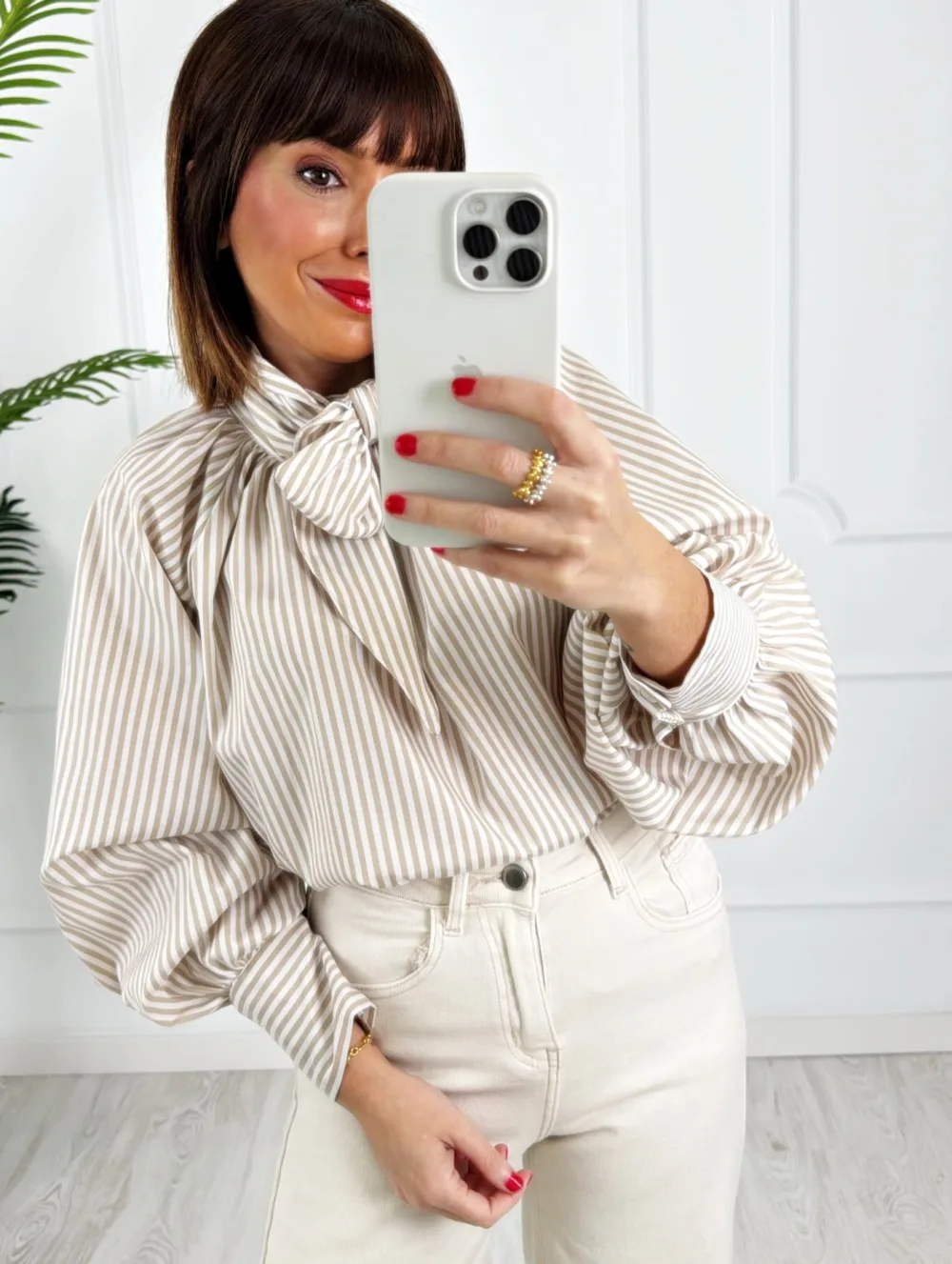 Camisa lazo rayas beige