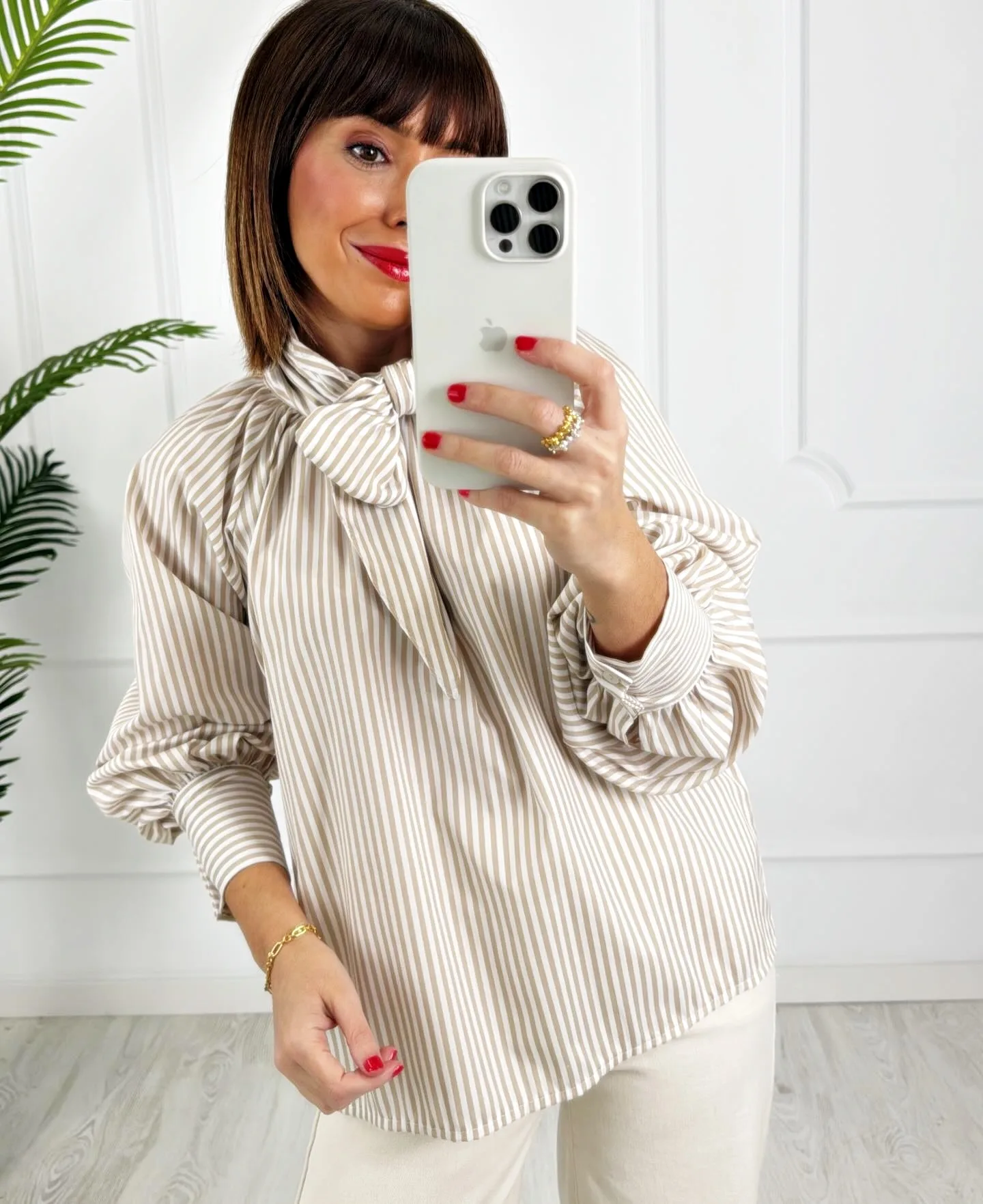 Camisa lazo rayas beige - Imagen 2