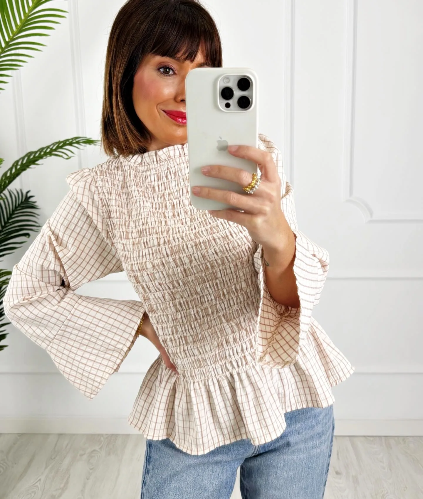 Camisa nido cuadros beige - Imagen 2