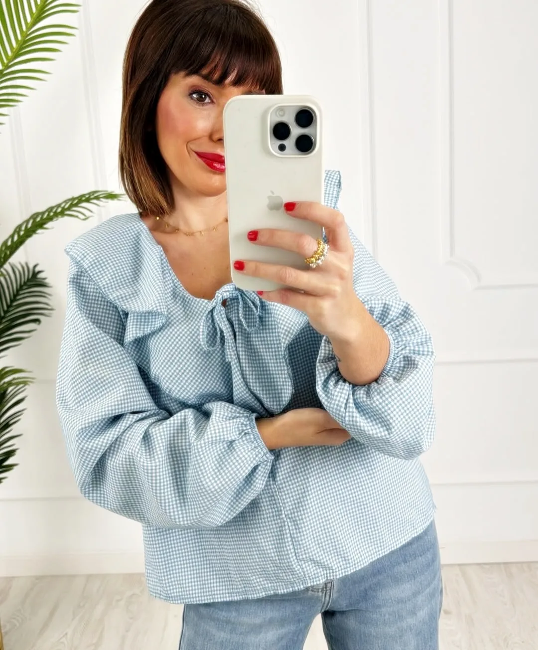 Blusa vichy volante azul - Imagen 2