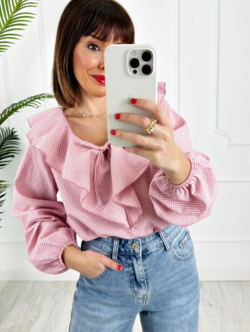 Blusa vichy volante rosa