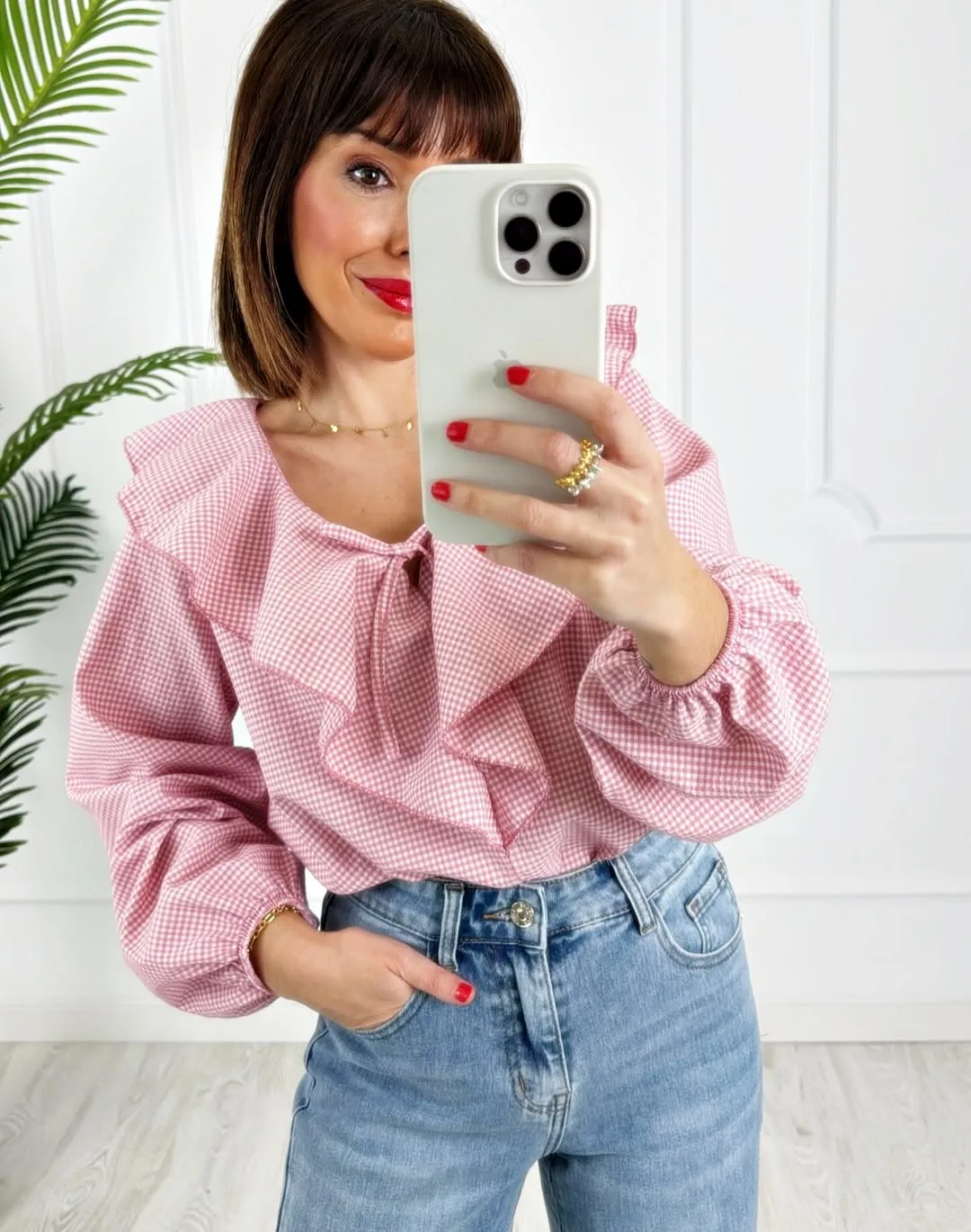 Blusa vichy volante rosa