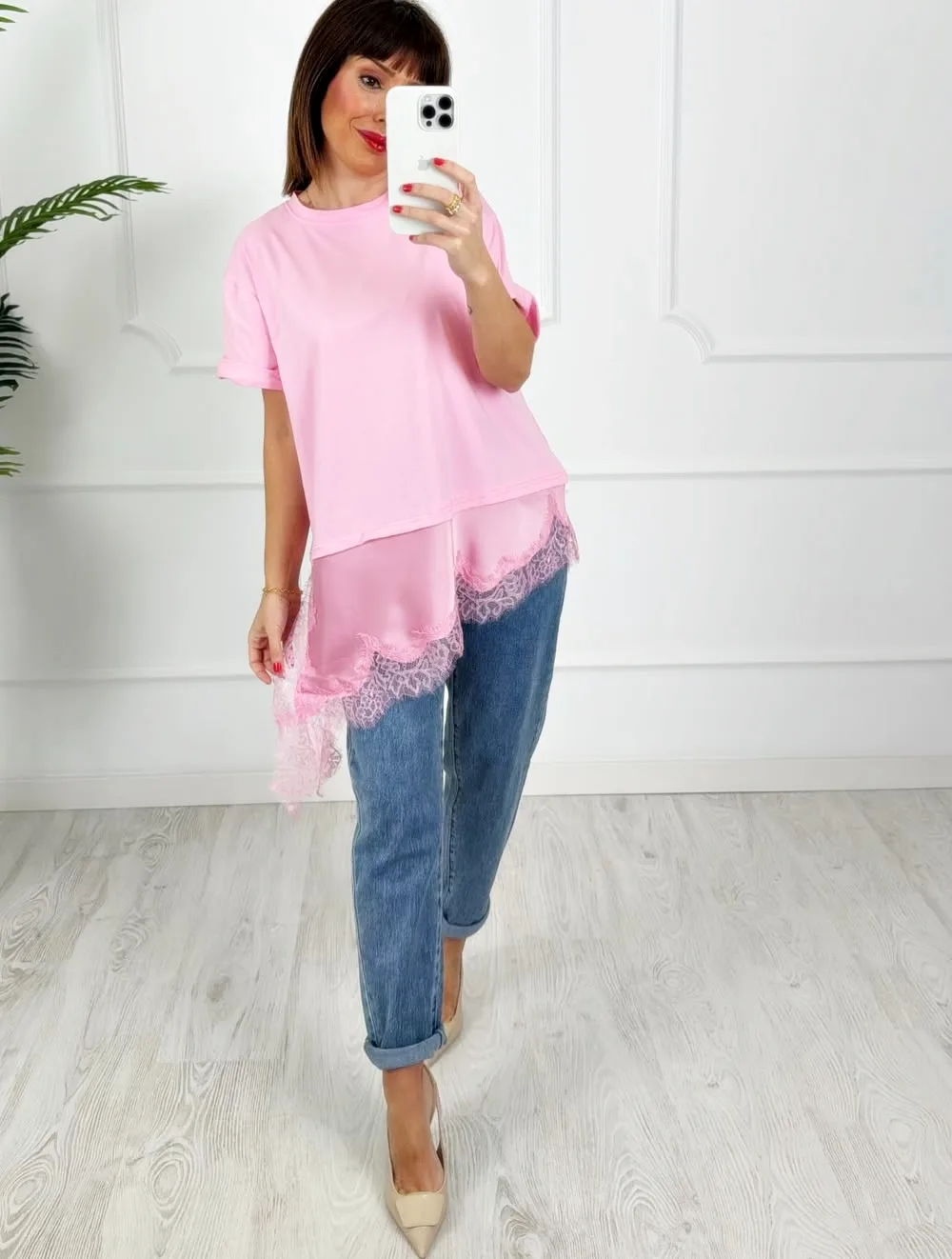 Camiseta combinada encaje rosa