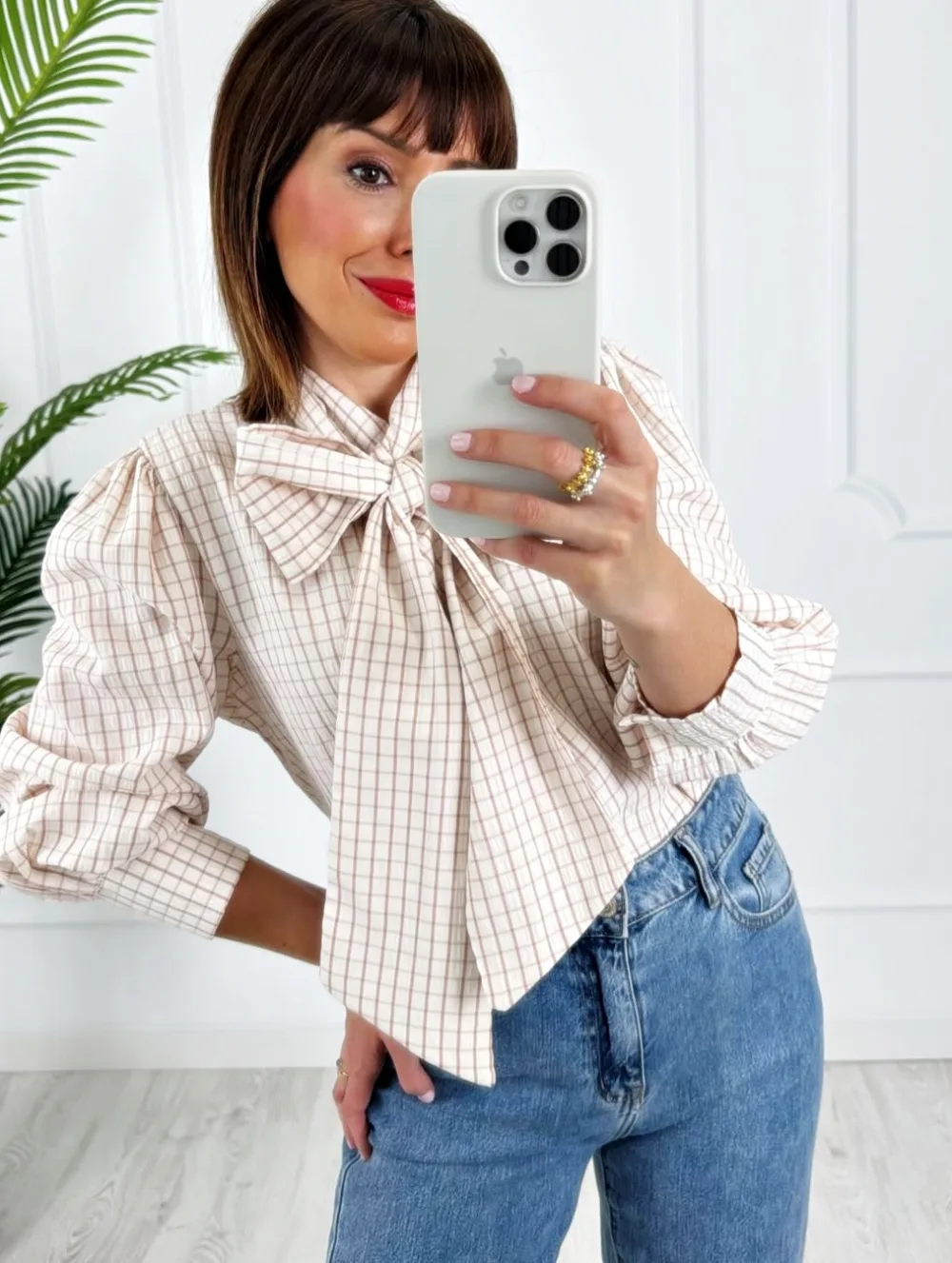 Camisa lazo cuadros beige