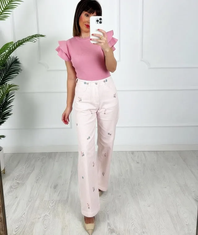 Pantalón flores bordadas rayas rosa
