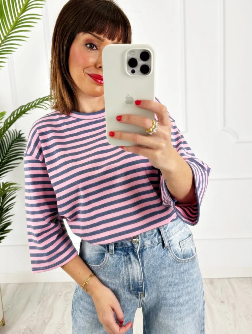 Camiseta rayas rosa jeans