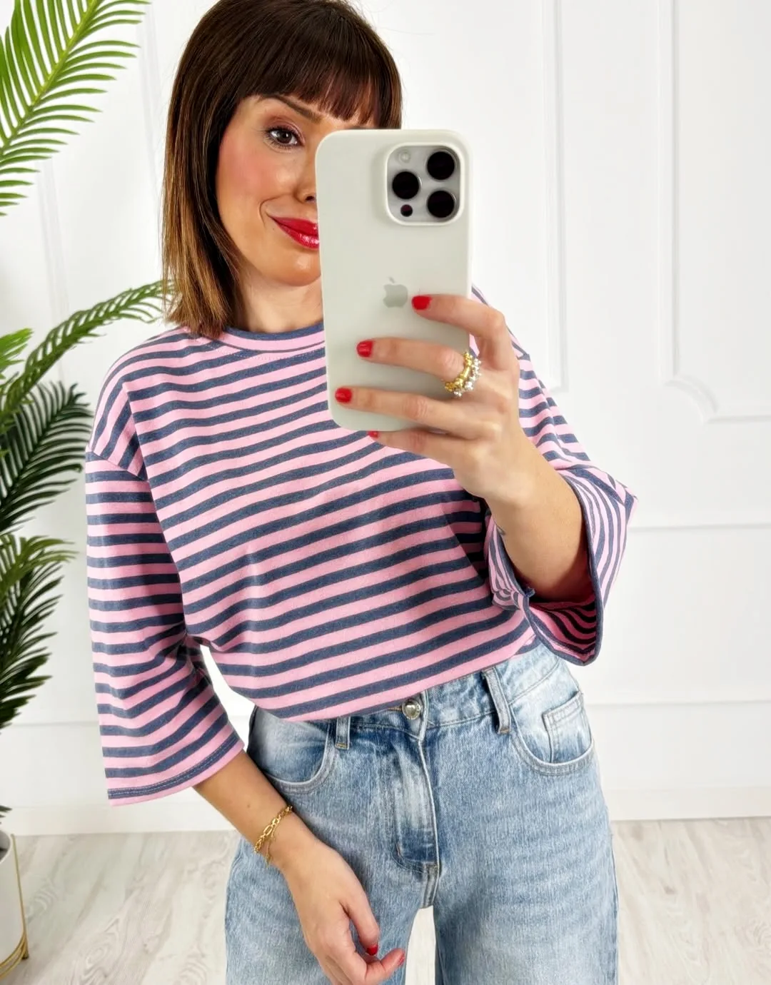 Camiseta rayas rosa jeans