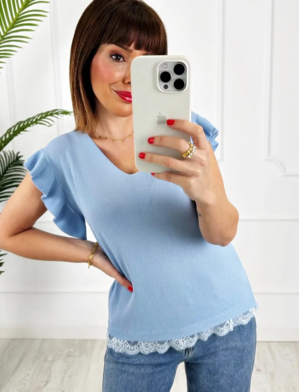 Camiseta encaje volante azul