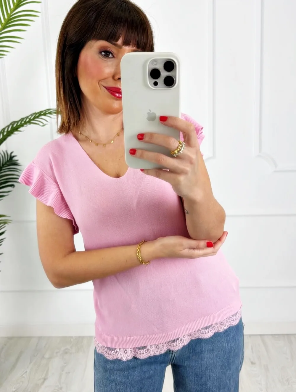 Camiseta encaje volante rosa