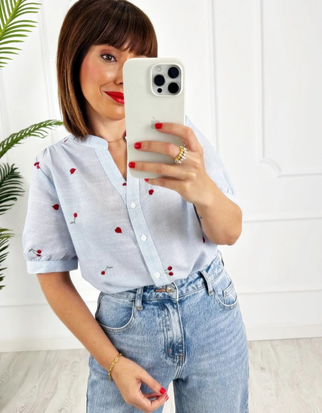 Camisa rayas bordados manga corta