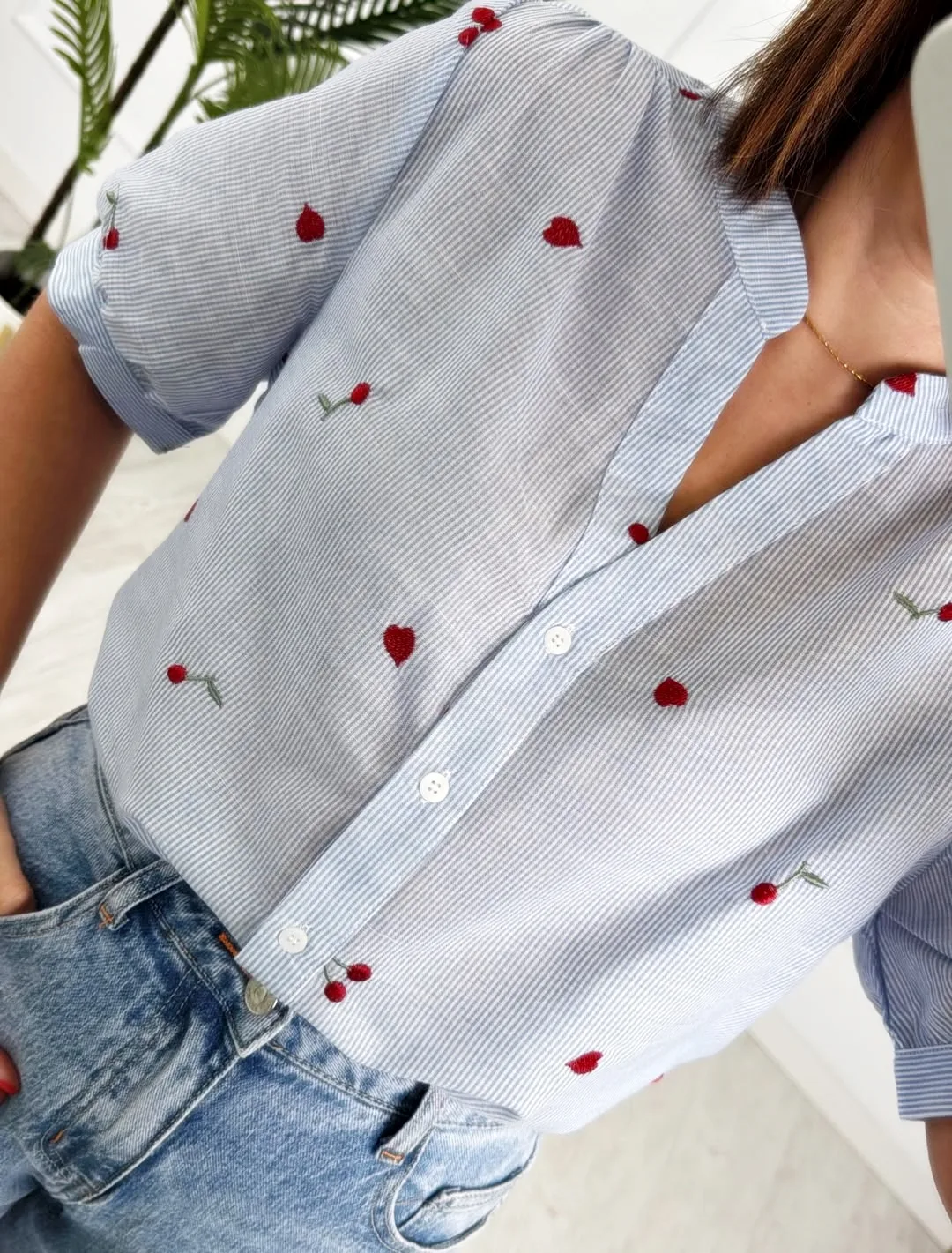 Camisa rayas bordados manga corta - Imagen 3