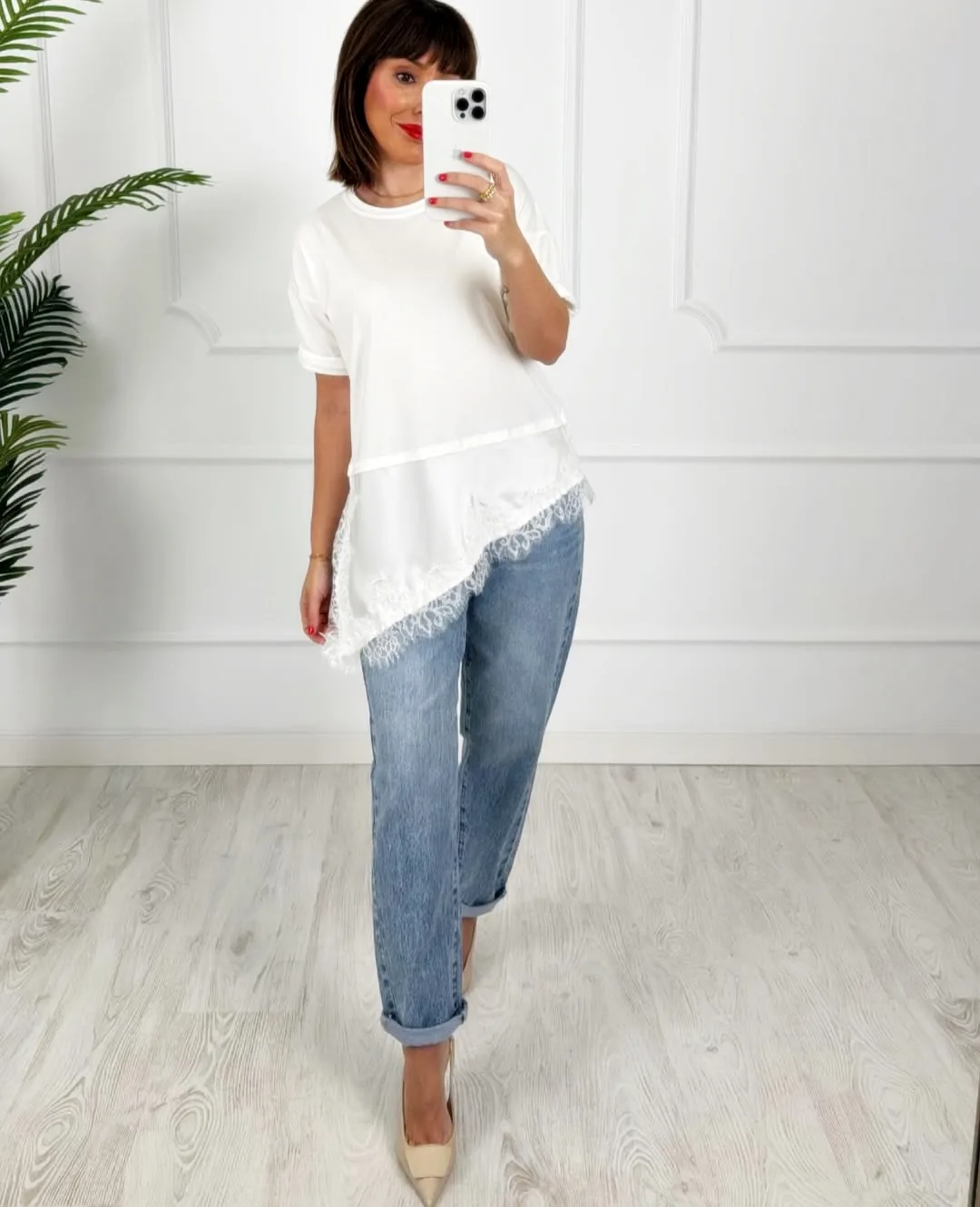Camiseta combinada encaje blanca